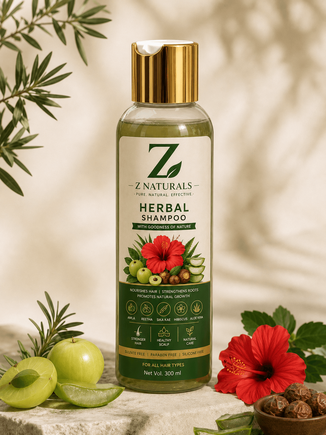 Z Naturals Herbal Shampoo bottle in frosted forest-green glass with an elegant gold pump, softly lit against a warm neutral backdrop.