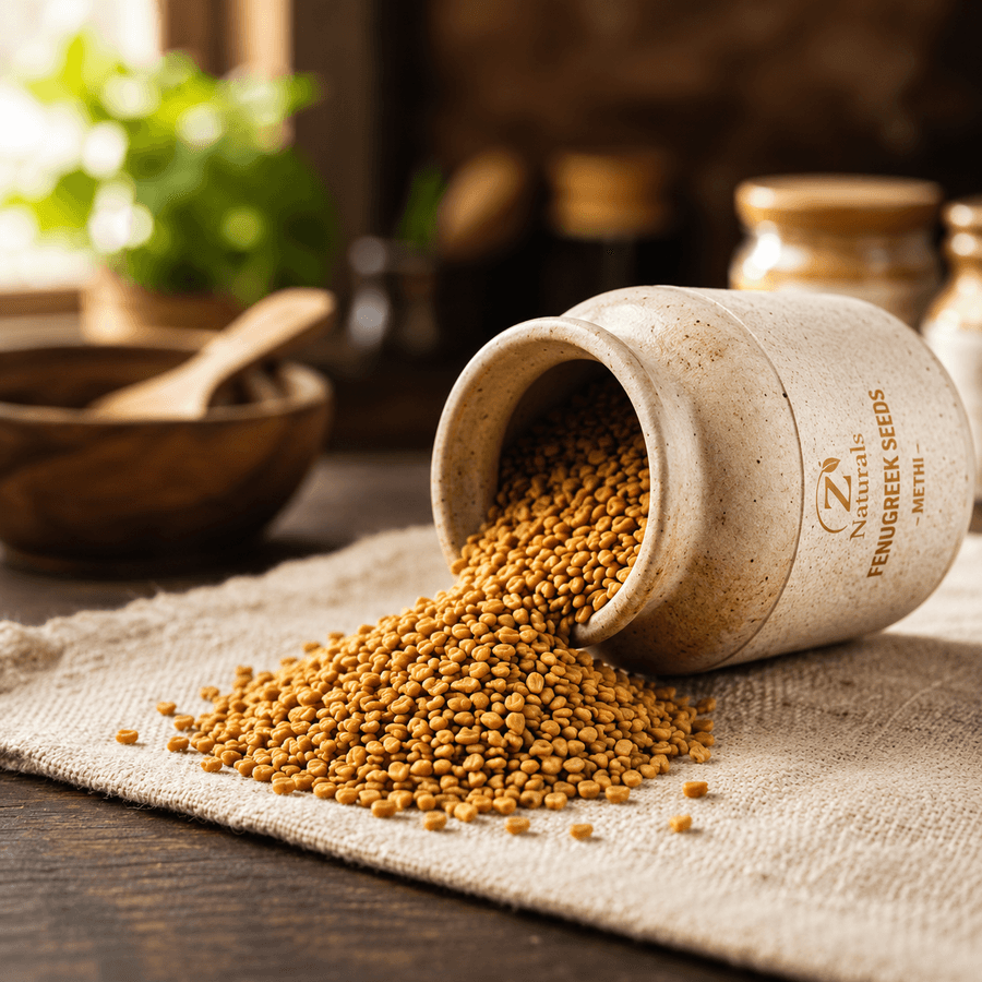 Golden-brown fenugreek (methi) seeds spilling from a ceramic jar.