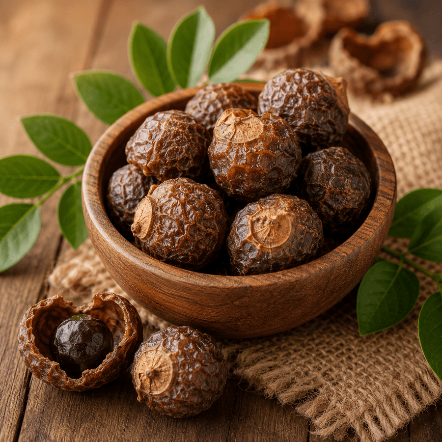 Dried Reetha (soapnuts) in a wooden bowl lit by warm morning sun.